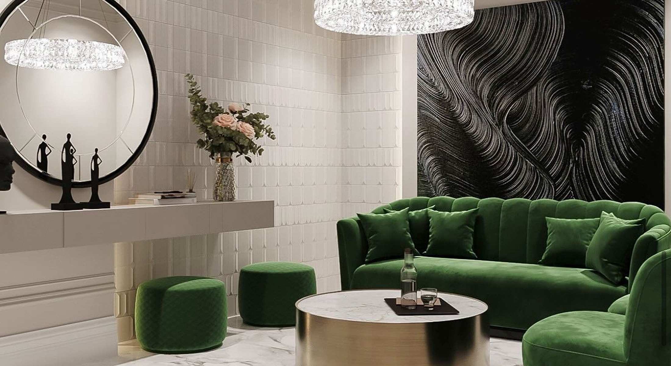 Luxurious green living room with modern decor.