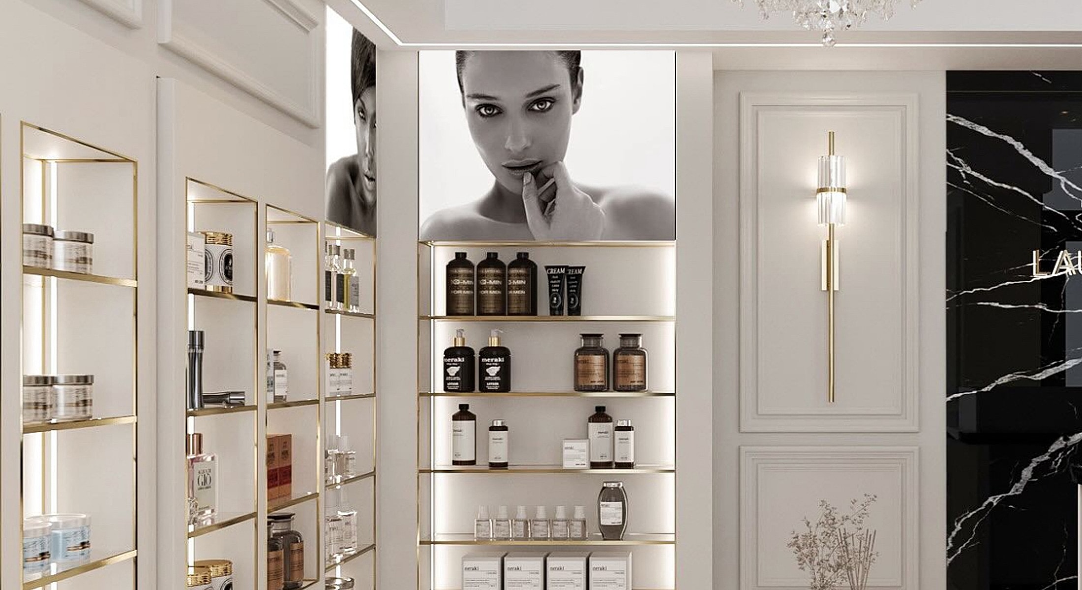 Modern skincare display in a chic interior.